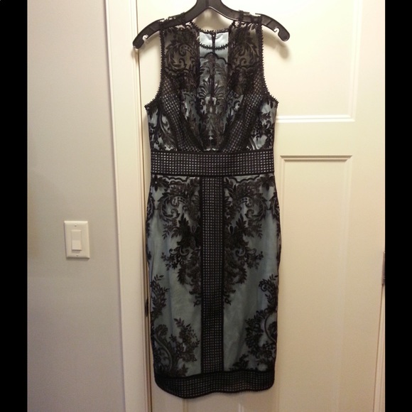 THEIA - Sleeveless Two-Tone Illusion Embroidered Lace Cocktail Dress - Picture 4 of 5